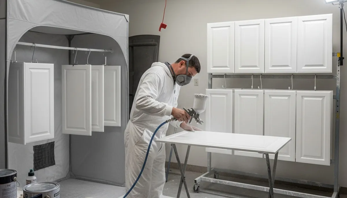 Professional cabinet painting in Bakersfield, CA with smooth spray finish for updated kitchen cabinets