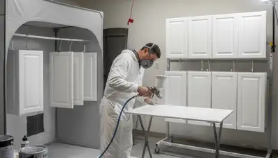 Professional cabinet painting in Bakersfield, CA with smooth spray finish for updated kitchen cabinets