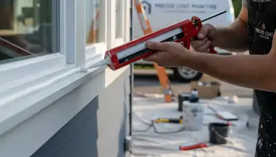 Professional caulking and sealing on Bakersfield, CA home exterior to prevent air leaks and moisture