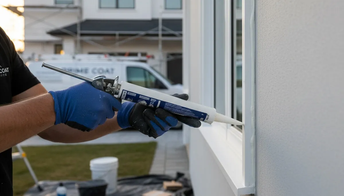 Professional caulking and sealing on Bakersfield CA home exterior for heat and moisture protection