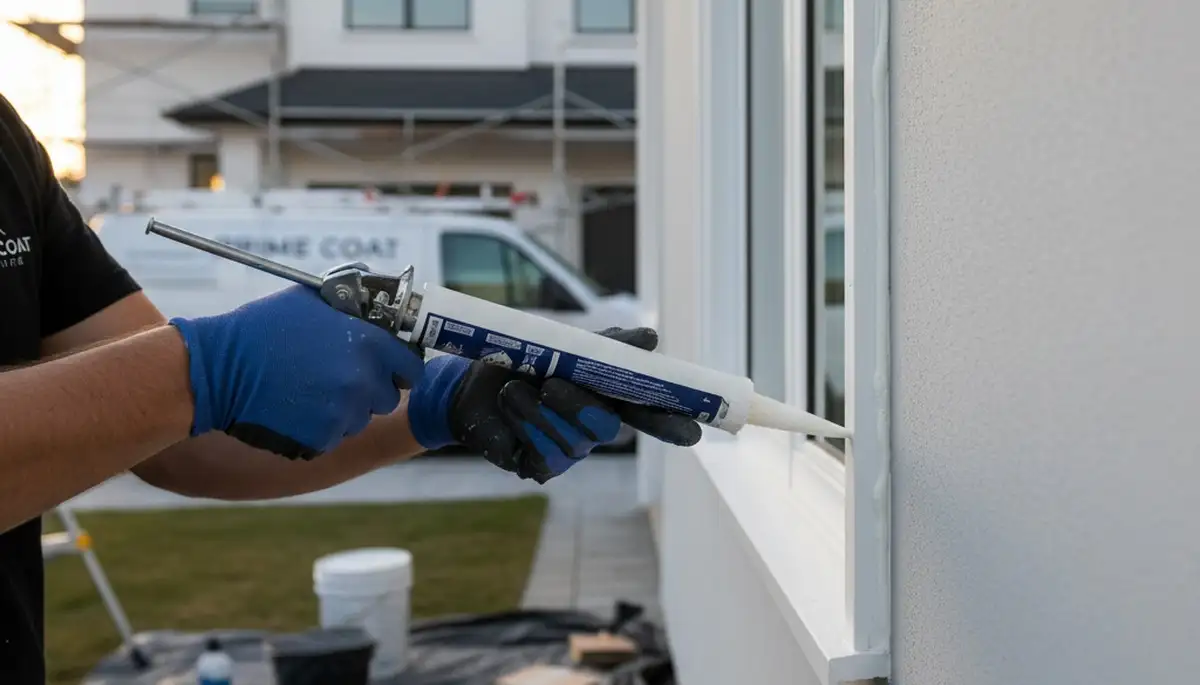 Professional caulking and sealing on Bakersfield CA home exterior for heat and moisture protection