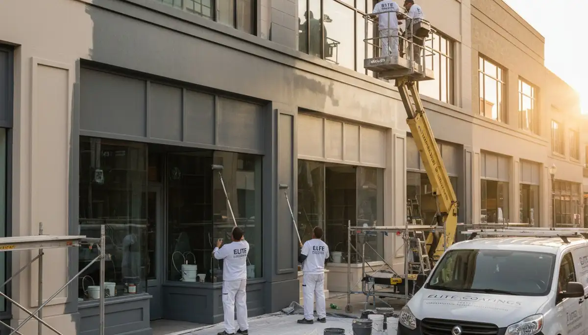 Professional commercial painters working on business exterior in Bakersfield, CA