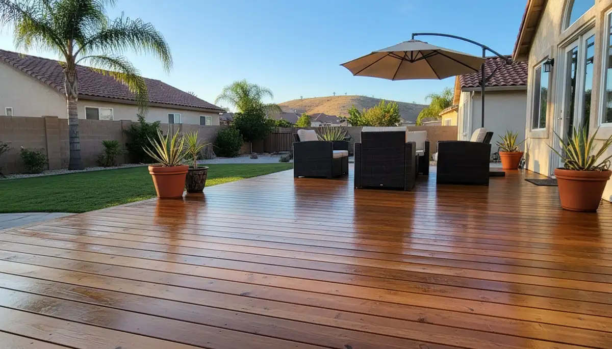 Finished deck staining in Bakersfield, CA highlighting rich wood color and durable weather-resistant finish