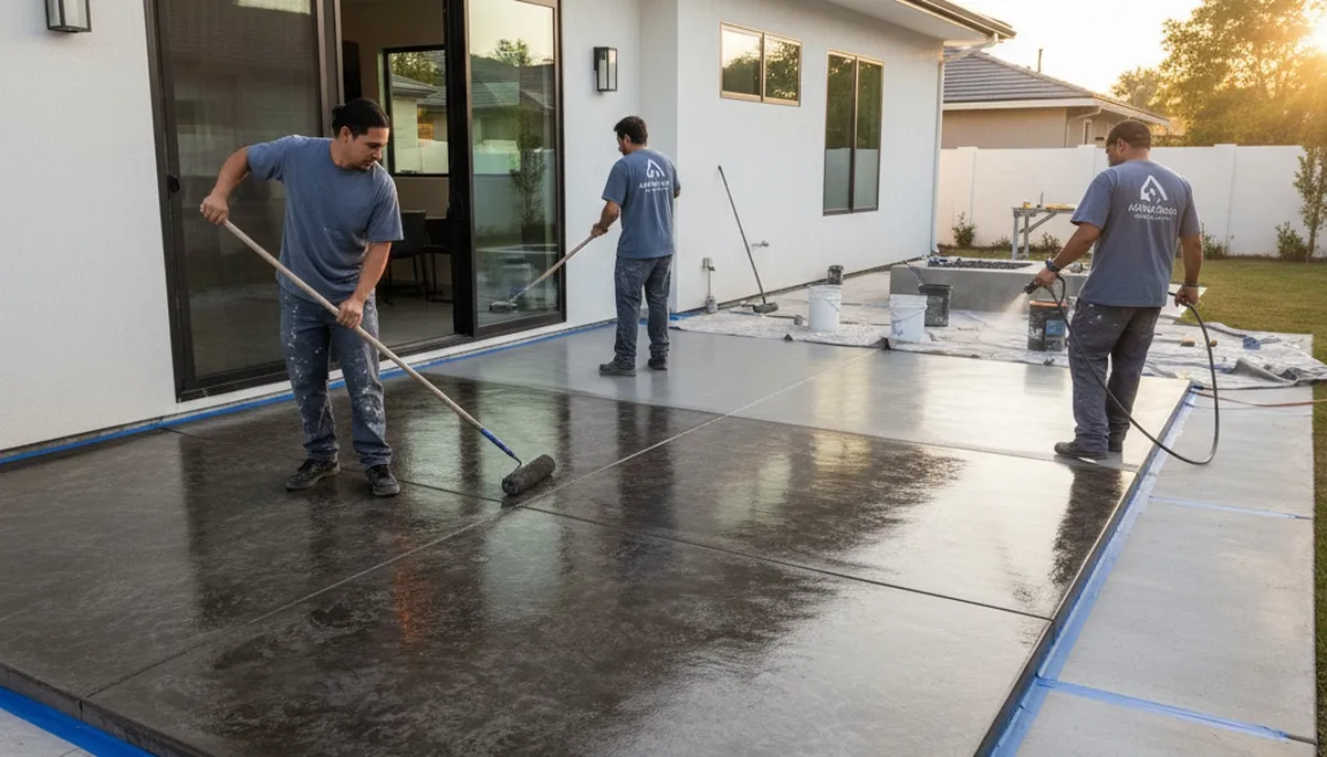 Professional concrete staining on patio floor in Bakersfield, CA by local house painting experts