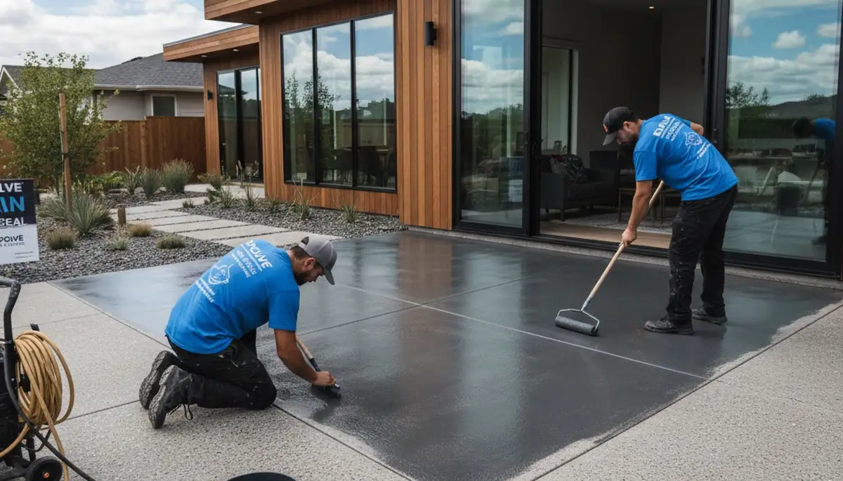 Professional concrete staining on patio and driveway in Bakersfield, CA for durable, UV-resistant finish