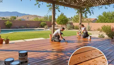 Professional painter applying deck stain for wood protection in Bakersfield, CA