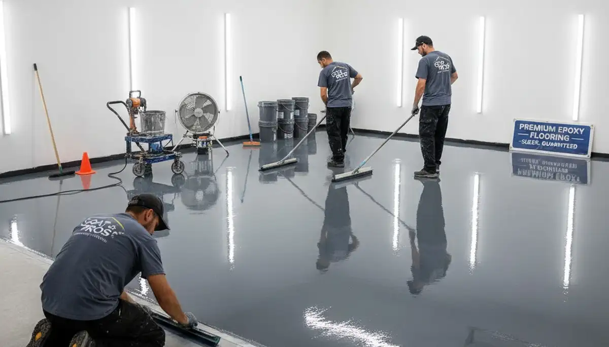 Professional epoxy floor coating in Bakersfield CA garage with durable, glossy finish