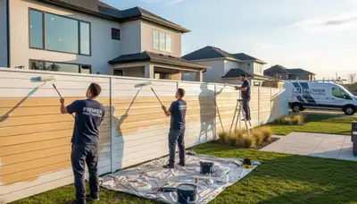 Professional fence painters applying UV-resistant coating in Bakersfield, CA backyard