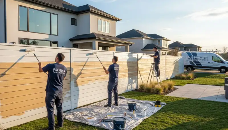 Professional fence painters applying UV-resistant coating in Bakersfield, CA backyard