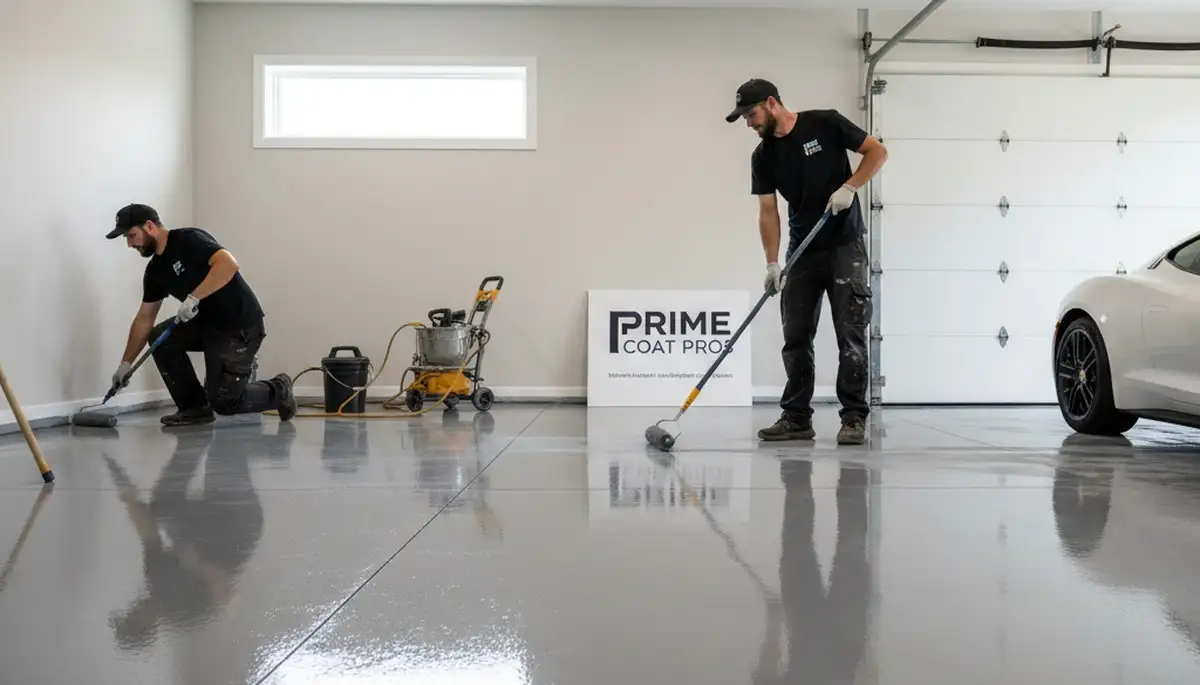 Painter applying epoxy garage floor coating in Bakersfield CA for durable, polished concrete finish