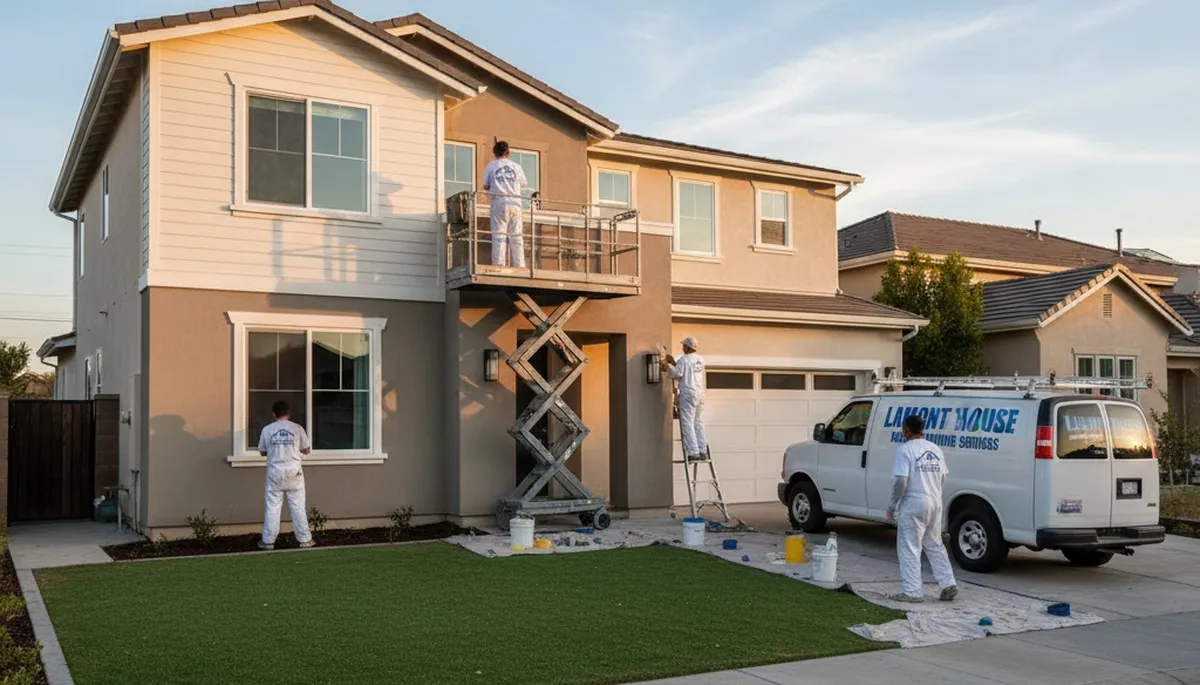 Professional house painter working on exterior home in Bakersfield, CA