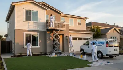 Professional house painter working on exterior home in Bakersfield, CA