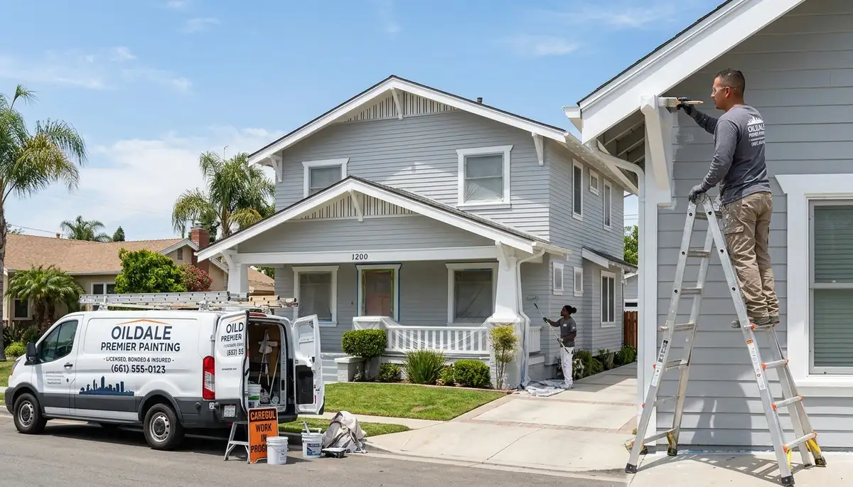 Professional house painter working on exterior home in Bakersfield, CA