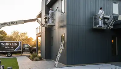 Professional house painters finishing exterior home in Bakersfield, CA