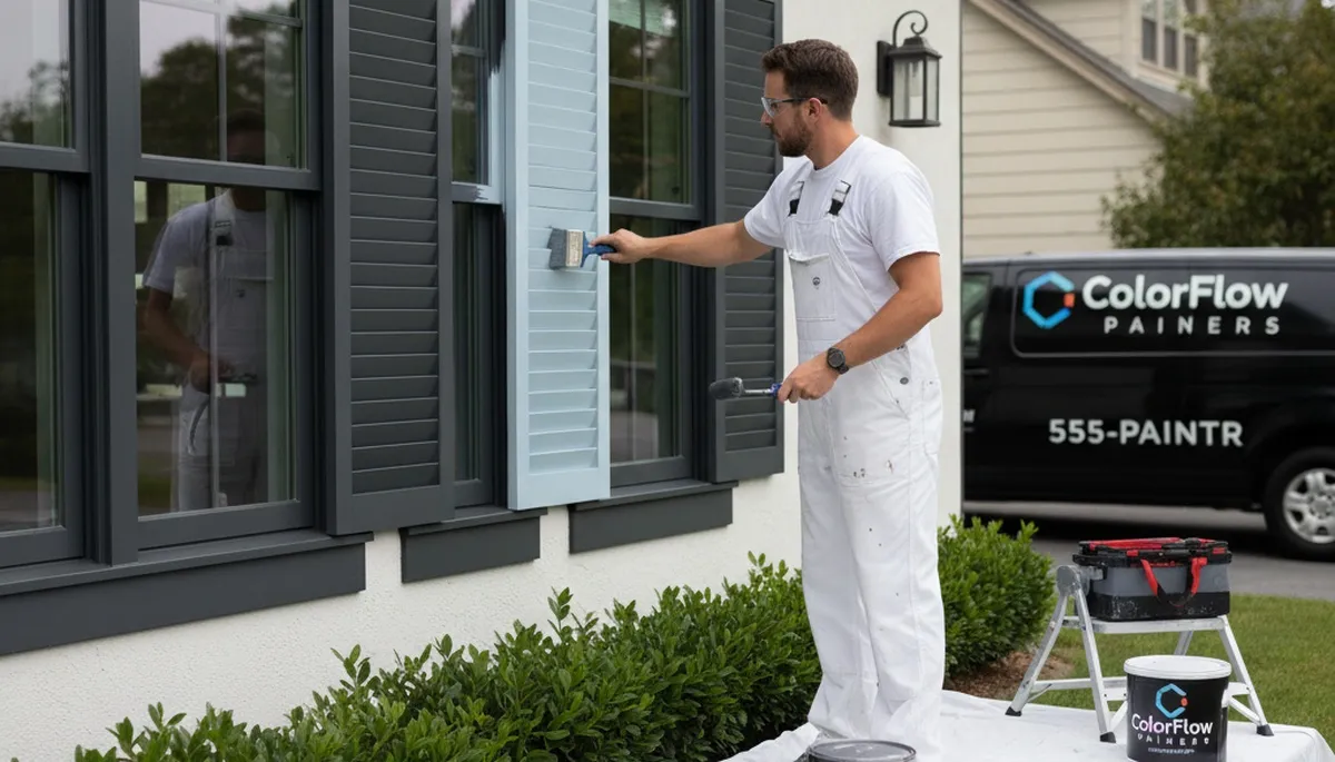 Professional shutter painting and refinishing on a home exterior in Bakersfield, CA