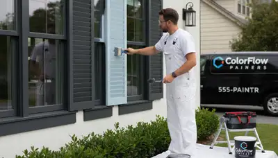 Professional shutter painting and refinishing on a home exterior in Bakersfield, CA