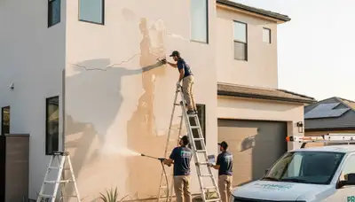 Professional stucco repair on Bakersfield, CA home exterior by expert local painters