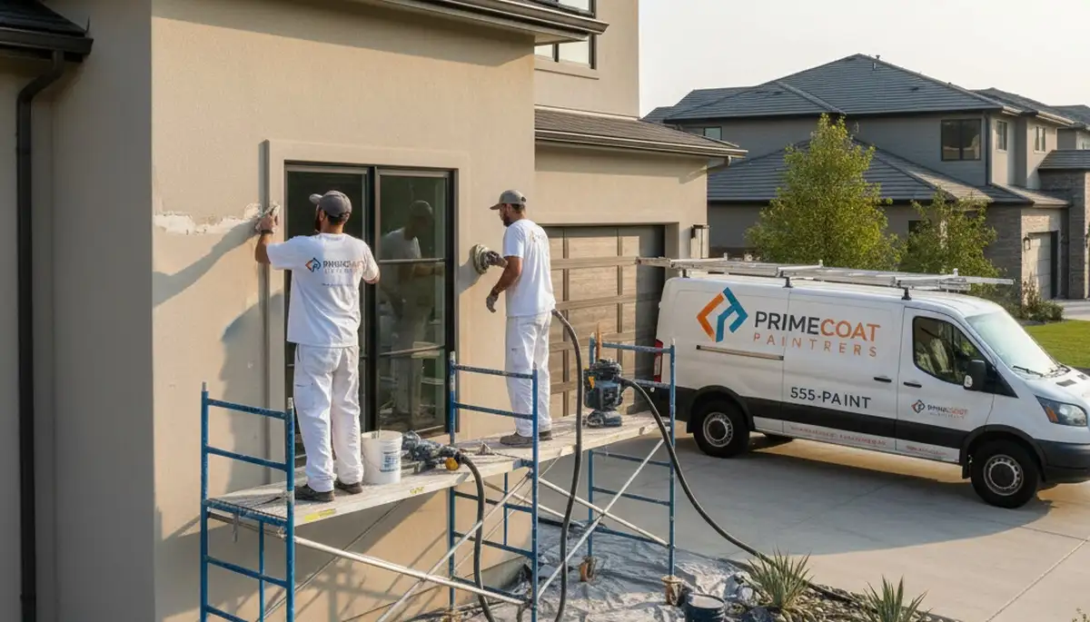 Professional stucco repair on residential exterior wall in Bakersfield, CA by expert house painters