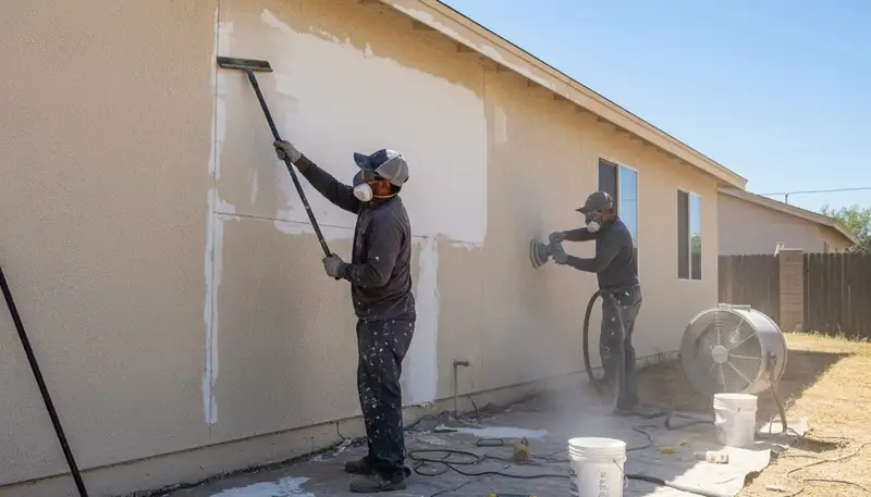 Painter performing exterior surface prep for durable house painting in Bakersfield, CA