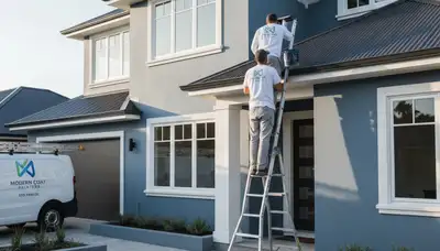 Professional trim and fascia painting on Bakersfield, CA home exterior by expert house painters