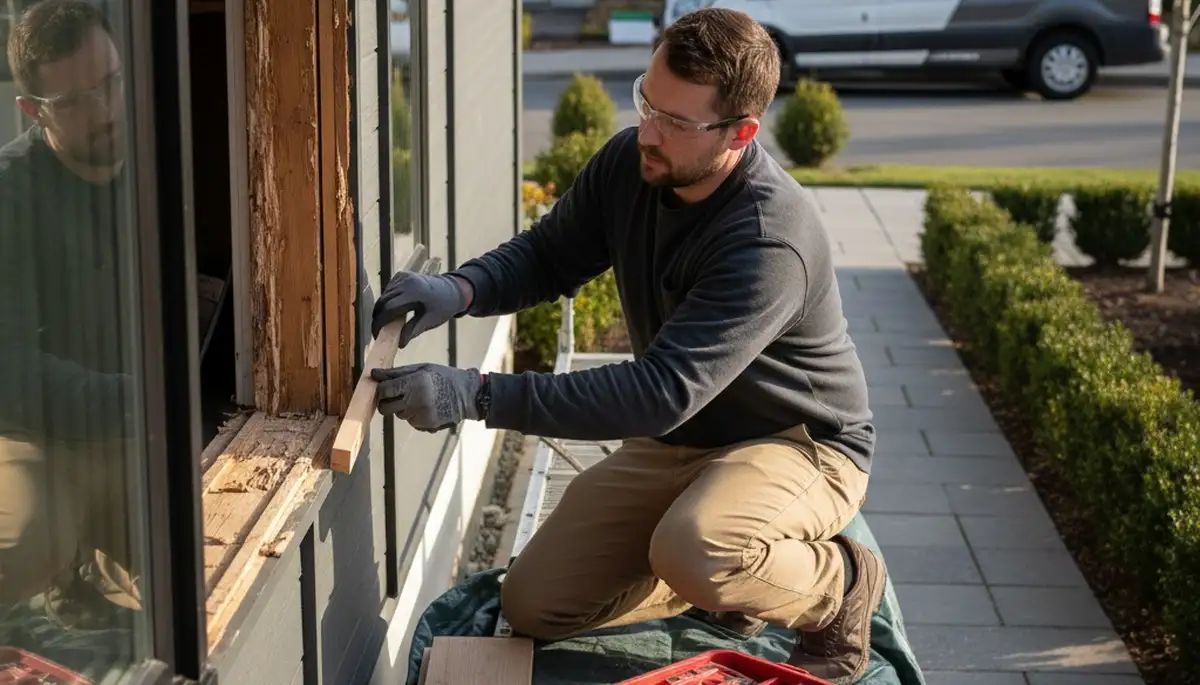 Wood rot repair on exterior siding by house painters in Bakersfield, CA restoring home structure